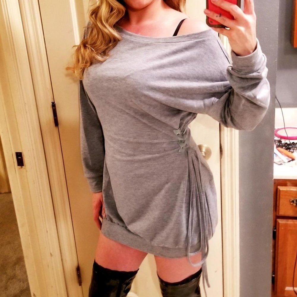 Grey Long Sleeve Lace-up Bodycon Tshirt Mini Dress